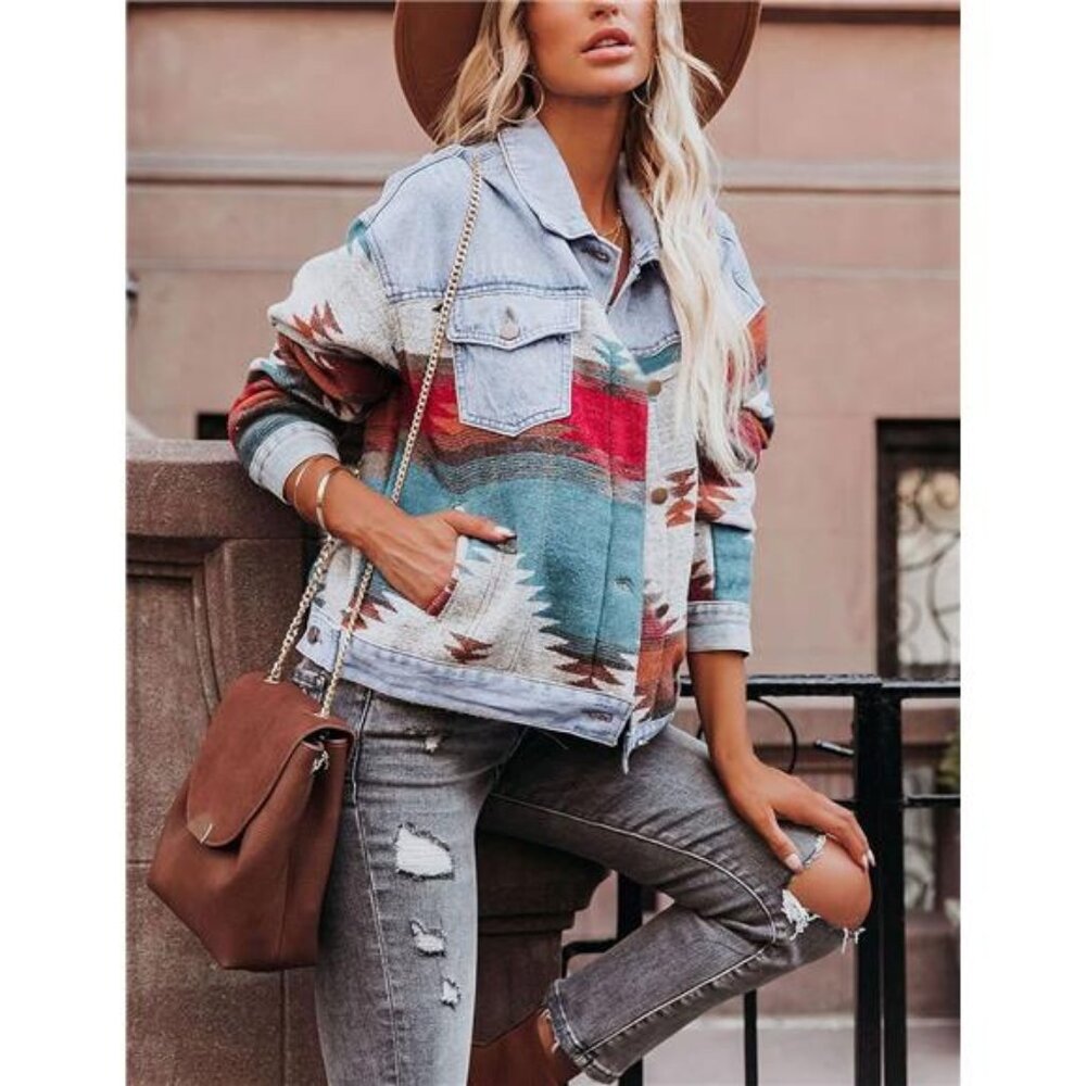 SOUTHWEST Bohemian Boho Denim Distressed Oversized Jacket Coat Size Large L